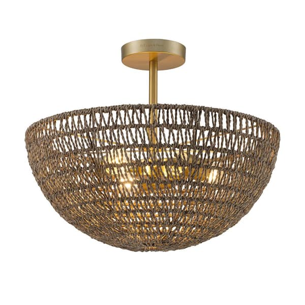 ELE Light & Decor Luna 3-Light 18 in. Wide Dome Shade Seagrass Semi Flush Mount Coastal Ceiling Light in Brass