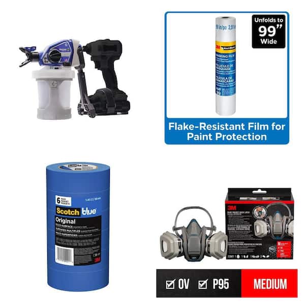 TrueCoat 360 Cordless Paint Sprayer, 99 in. Masking Film, 1.41 in. Painter's Tape (6-Pack) and Respirator
