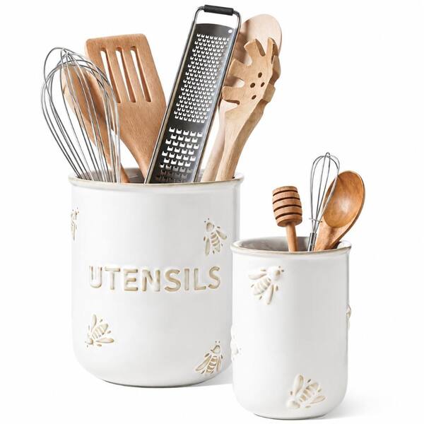 Arctic White Ceramic Utensil Holder Set of 2 with Embossed Farmhouse Design for Countertop Storage