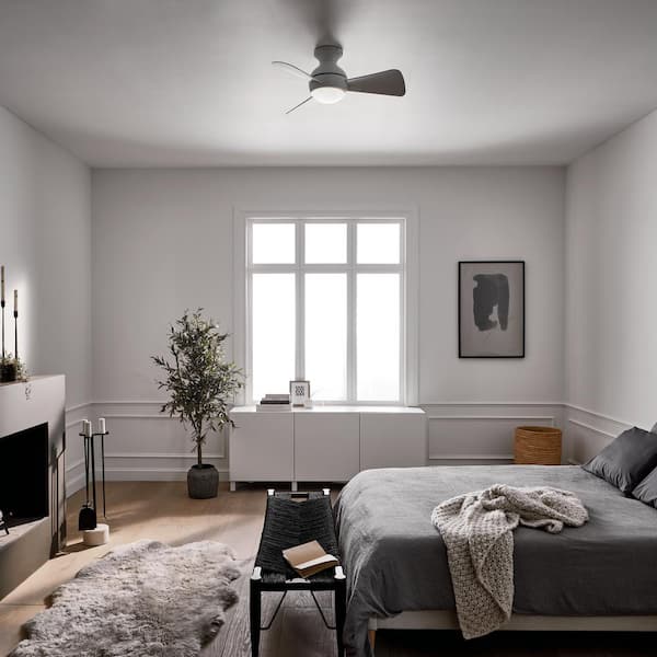 Sola 34 in. Indoor/Outdoor Matte White Low Profile Ceiling Fan with Integrated LED with Wall Control Included