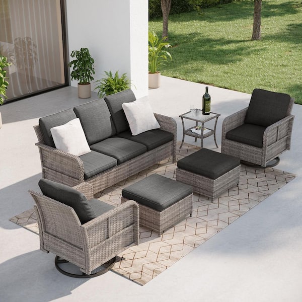 6-Pieces Patio Conversation Set with Swivel Rocking Chairs, Ottomans and Side Table Gray Wicker with Black Cushion