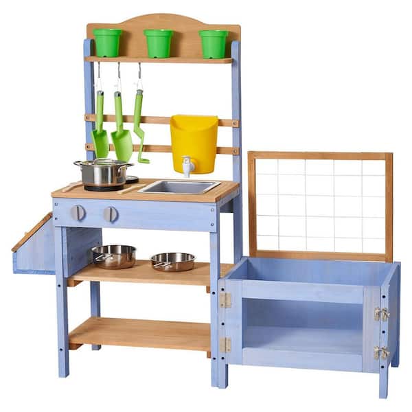 Mud Kitchen, Outdoor Mud Kitchen for Kids, Wood Outdoor Play Kitchens with Planting Box, Critter Catcher Container