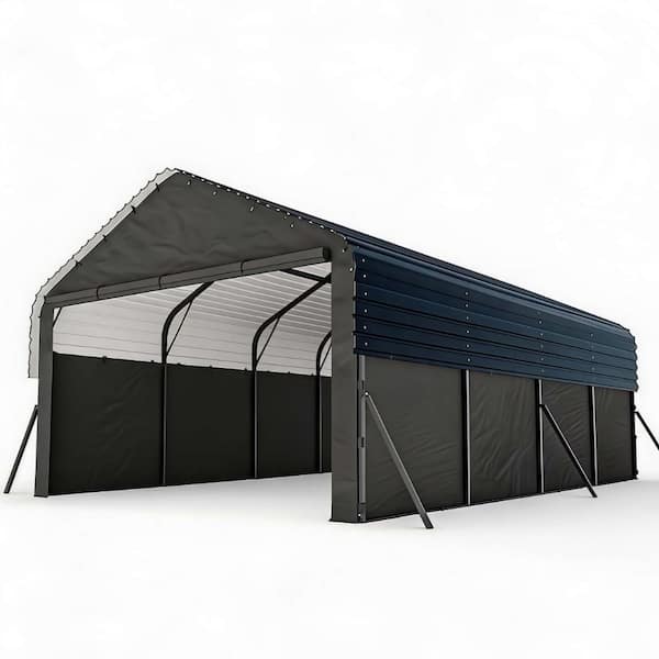 12 ft. W x 20 ft. D x 9 ft. H Dark Gray Heavy Duty Metal Carport with Steel Roof, 220 g PE Sidewalls and Roll-Up Doors