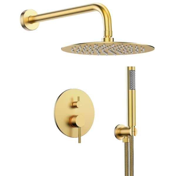 EVERSTEIN 2-Spray Patterns Round 10 in. Wall Mount Dual Shower Heads with Handheld in Brushed Gold