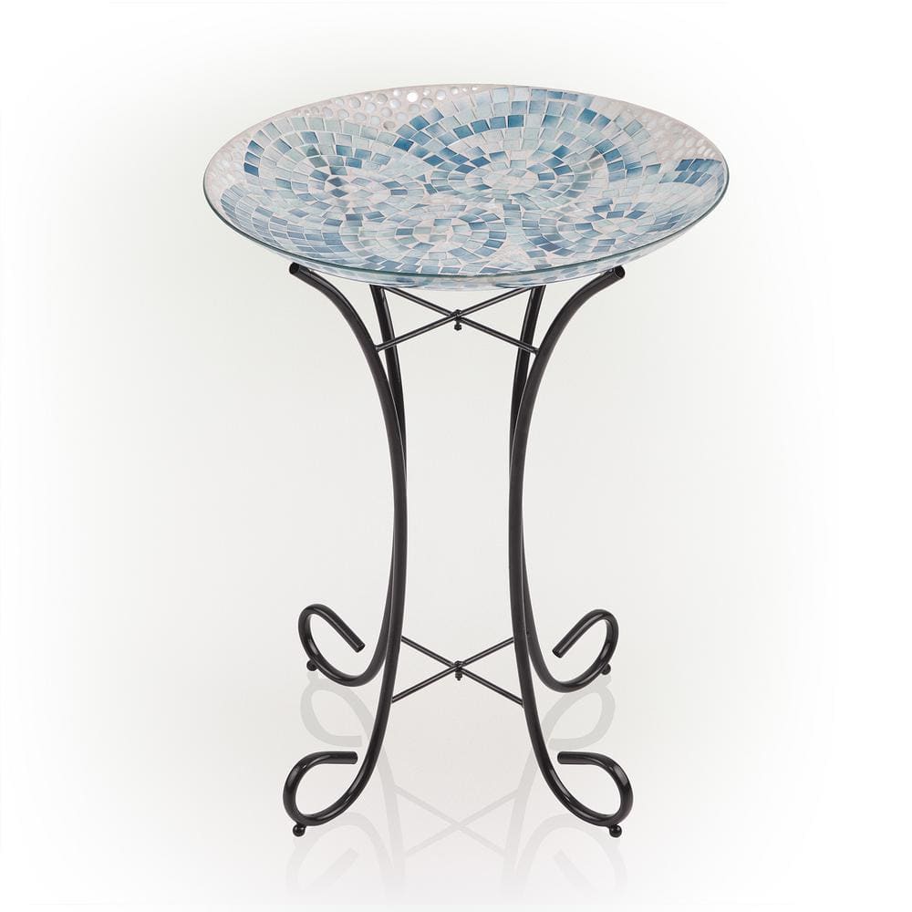 Blue Mosaic Glass Birdbath with Metal Stand, 24" Tall