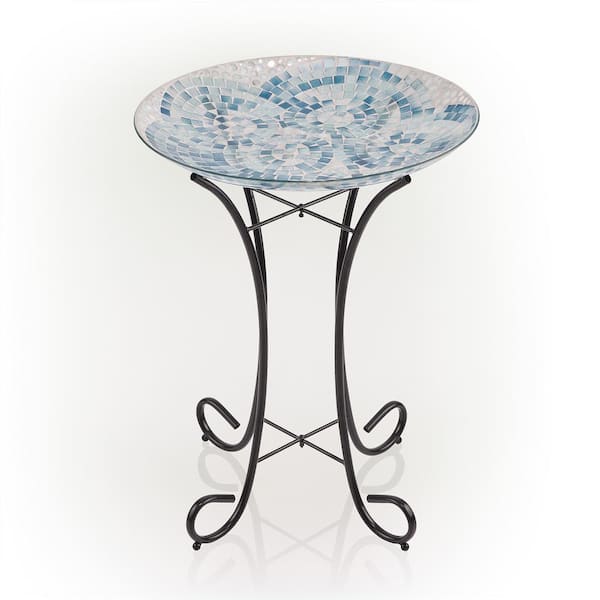 Alpine Corporation - 24 in. Tall Outdoor Mosaic Style Glass Birdbath Bowl with Metal Stand, Blue