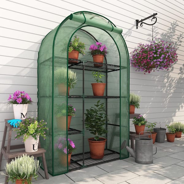 40 in. x 18 in. x 63 in. 4-Tier Portable Greenhouse with Roll-Up Door, Adjustable Casters and Durable PE Cover