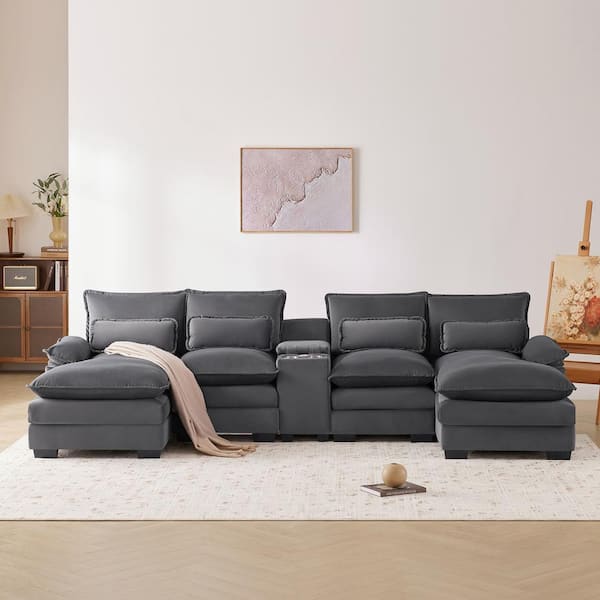 sumyeg 123 in. U-Shaped Velvet Sectional Sofa in. Gray with Console, Cupholders and USB Ports