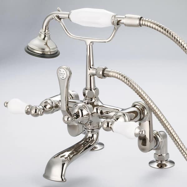 Water Creation 3-Handle Vintage Claw Foot Tub Faucet with Hand Shower and Porcelain Lever Handles in Polished Nickel PVD