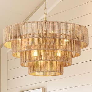 20in. 6-Light Hand Woven Rattan Pendant Light, Boho Brown Large Farmhouse Chandelier 4-Tier Rattan Shade for Living Room