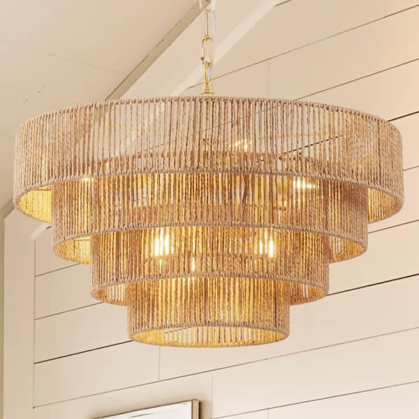 20 in. 6-Light Boho Brown Rattan Chandelier, Hand-Woven 4-Tier Natural Pendant Light for Living Room or Dining Area