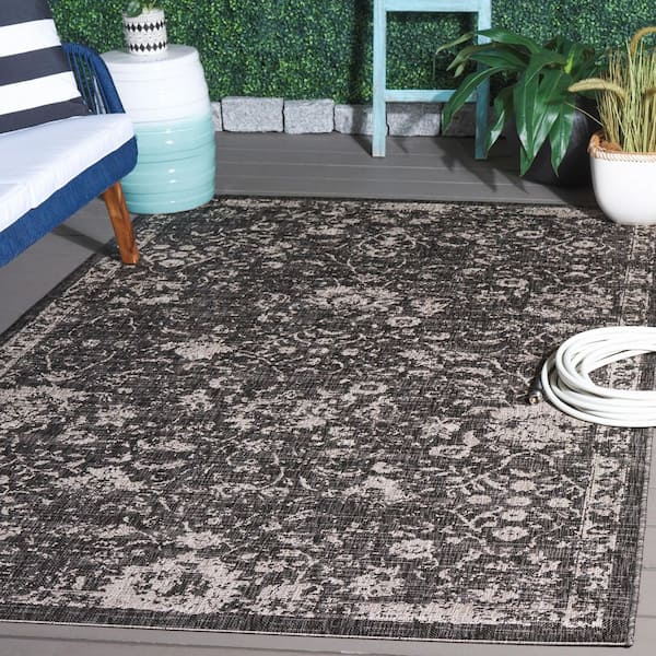 Courtyard Black/Beige 5 ft. x 8 ft. Floral Distressed Indoor/Outdoor Area Rug