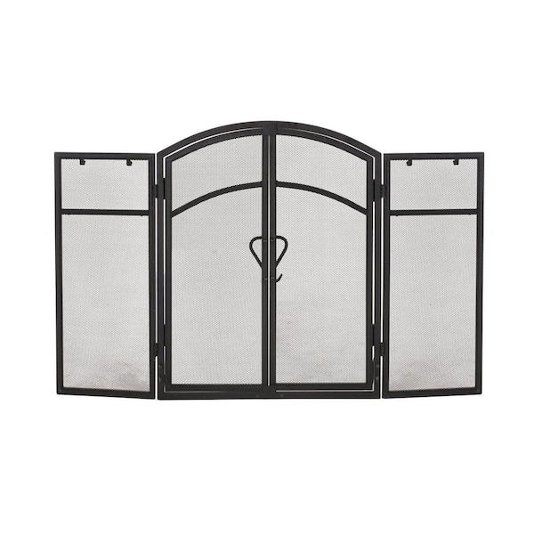 Avex Matte Black Iron 3-Panel 50.5 in. Fireplace Screen with 2 Doors and Hooks