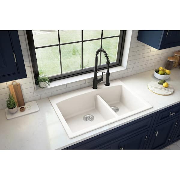 Karran Drop-In Quartz Composite 33 in. 1-Hole 60/40 Double Bowl Kitchen Sink in White