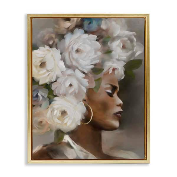 Stupell Industries Woman with Floral Headdress by Carol Robinson Gold Floater Frame Nature Graphic Art Print 21 in. x 17 in.