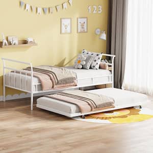 White Metal Twin Size Daybed with Twin Size Trundle, Curved Handle Design