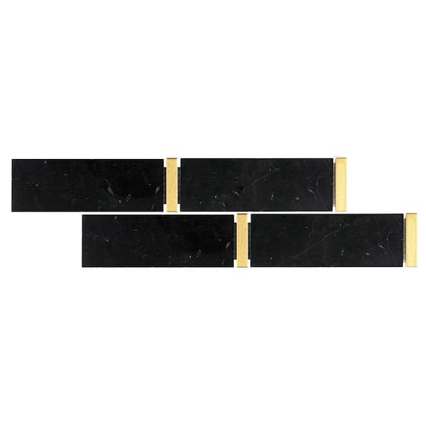 Giorbello Black 1.25 in. x 11.75 in. Marble and Gold Trim Subway Tile Sample