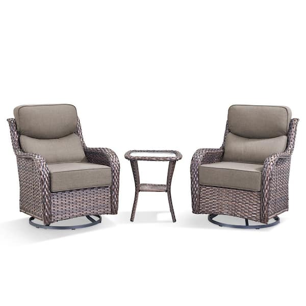 6 in Thicken Brown 3-Pieces Outdoor Patio Conversation Rocking Chair Swivel Glide with Table and Gray Cushions