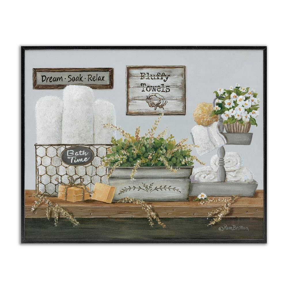 Washroom Counter Still Life Bathroom Towel by Pam Britton Black Framed Giclee Art Print Typography 20 in. x 16 in. price history on PriceWatchPro