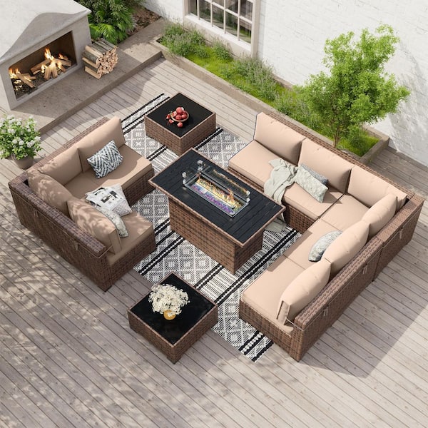 Poteban 8-Person Brown Wicker Outdoor Sectional Set with Fire Pit Table, 2 Coffee Tables and Khaki Cushions
