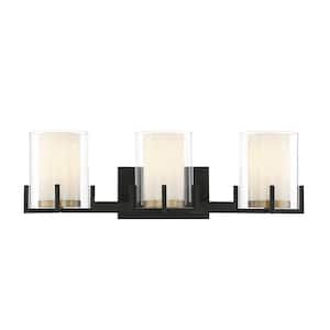 Eaton 24 in. W x 7.5 in. H 3-Light Matte Black with Warm Brass Accents Bathroom Vanity Light with Frosted Glass Shades