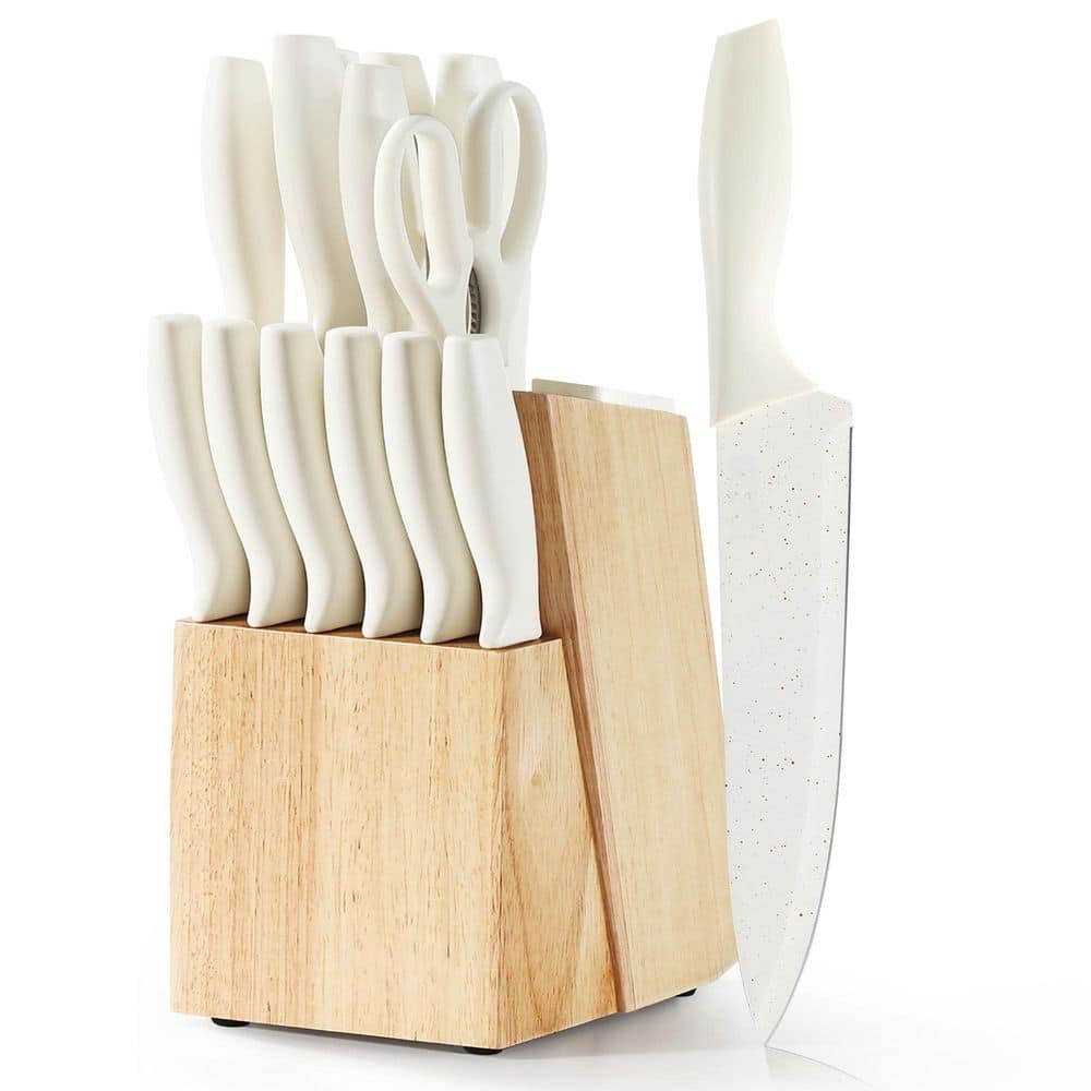 15-Piece Ceramic-Coated Kitchen Knife Set with Stylish Wooden Block for Modern Culinary Excellence, Elegant White