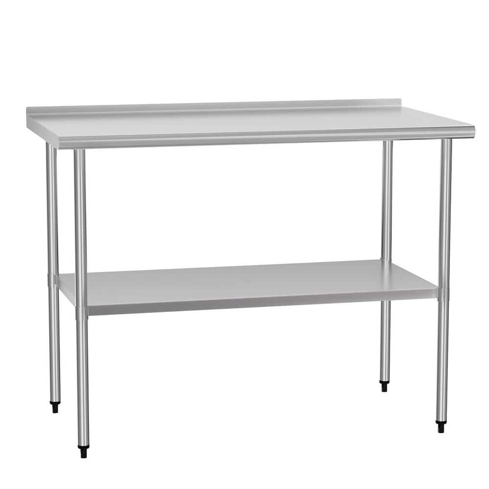 Silver Stainless Steel 48 in. Kitchen Prep Table Adjustable Undershelves an