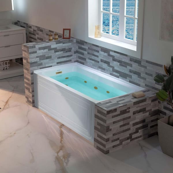 60 in. x 32 in. Whirlpool and Heated Bathtub with Brushed Gold Left Drain in White