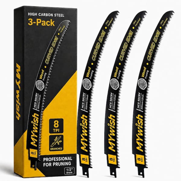 12 in. 8 TPI High-Carbon Steel Curved Reciprocating Saw Blades for Wood Pruning (3-Pack)