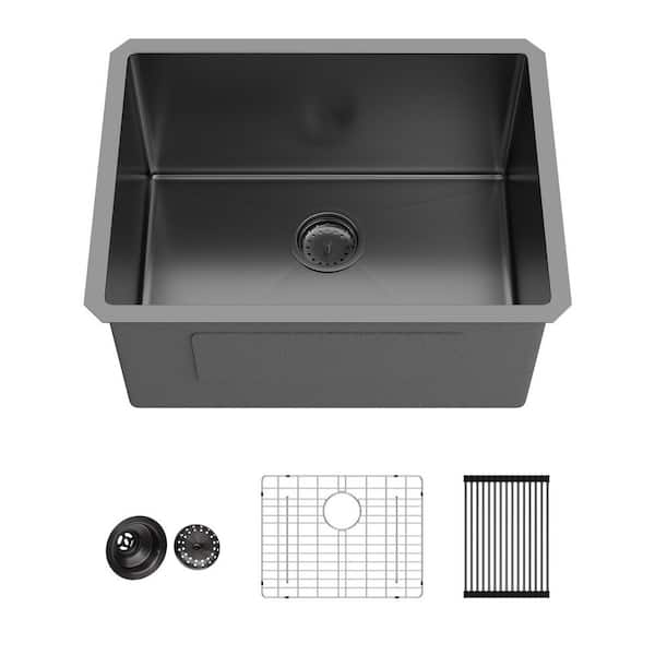 24 in. W x 18 in. D Undermount Gunmetal Black Laundry/Utility Sink Stainless Steel Laundry Sink with Bottom Grid