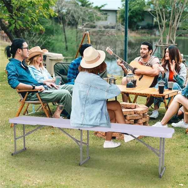 Costway White Metal Outdoor Folding Bench Ottoman with Non-slip