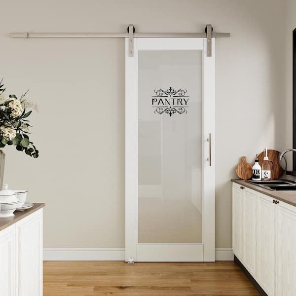 34 in. x 80 in. 1 Lite Tempered Frosted Glass White MDF Sliding Barn Door with Hardware Kit Nickel and Pantry Sticker