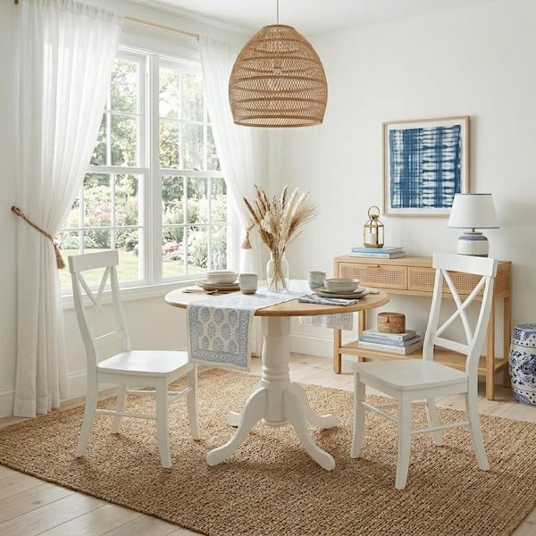 3 Piece 42 in. White and Natural Dual Drop Leaf Solid Wood Table with 2 Side chairs
