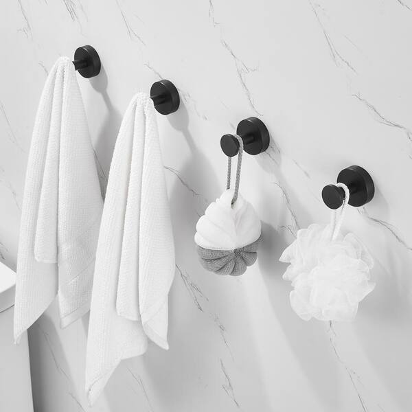 FUNKOL Aluminum Shower Curtain Rings/Hooks Wall Mounted Coat Rack in Black for Bathroom with 4-Hooks Storage Shelf