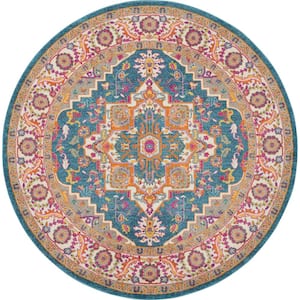 Passion Teal/Multicolor 8 ft. x 8 ft. Persian Bohemian Round Area Rug