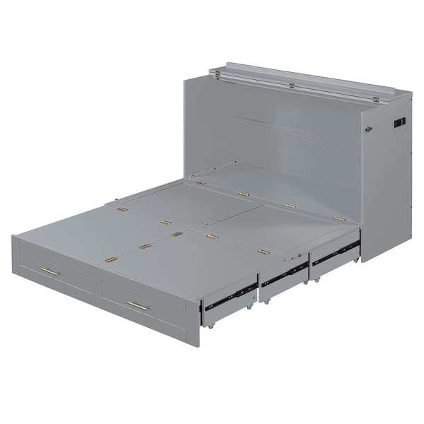Qualler Gray Wood Frame Full Size Murphy Bed with Drawer and USB Port