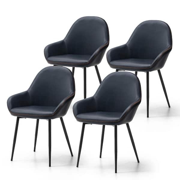 Glitzhome Set of 4 Mid-Century Modern Navy Blue Leatherette Dining Armchair