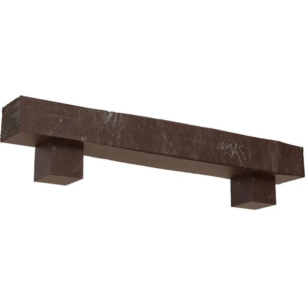 Ekena Millwork 8 in. x 12 in. x 4 ft. Knotty Pine Faux Wood Fireplace Mantel Kit, Alamo Corbels, Aged Pecan