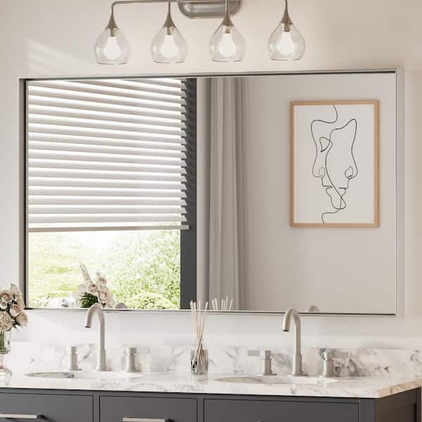 KeonJinn 60 in. W x 36 in. H Framed Brushed Silver Mirrors for Bathroom Wall Square Corner Bathroom Vanity Mirror Over Sink