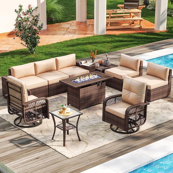SUNMTHINK 10-Piece Outdoor Rattan Wicker Patio Conversation with Fire Pit Table Swivel Chairs Beige Cushions