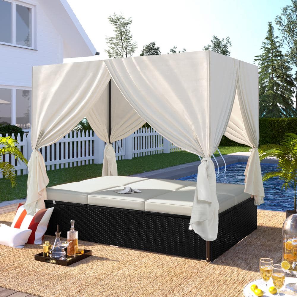 Wicker Outdoor Patio Sunbed Day Bed with Beige Cushions and Curtains LY ...