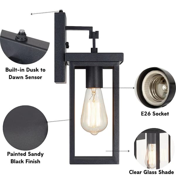 KAWOTI 14.25 in. 1-Light Black Hardwired Outdoor Wall Light Dusk