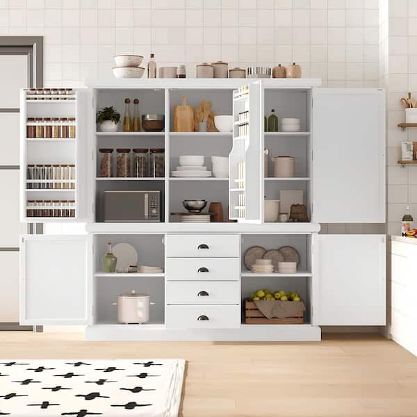 Freestanding Large White Kitchen Pantry Organizer with 8-Door Shelves, 8-Adjustable Shelves, 4-Drawers