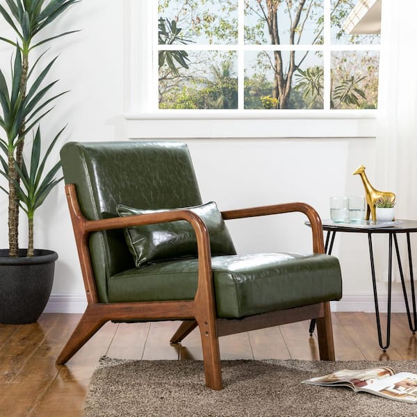 Glitzhome Mid-century modern Hunter Green Leatherette Accent Armchair with Walnut Ruber Wood Frame (Set of 2)