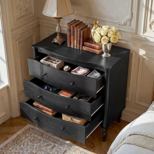 Black 3 Drawer 32.8 in. Wide Dresser without Mirror with Curved Front Design, Solid Wood Legs for Bedroom Usage