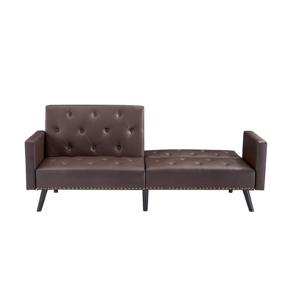 HOMESTOCK Espresso, Faux Leather Tufted Split Back Futon Sofa Bed ...