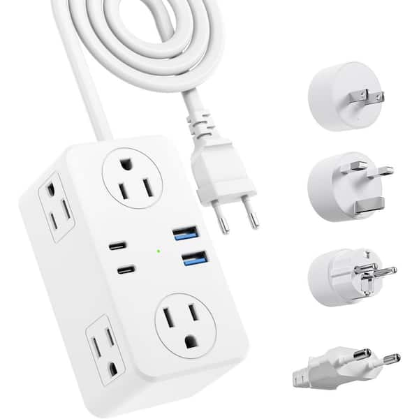 6-Outlet Travel Plug Adapter with USB Port and 3 ft. Wrapped Around Extension Cord in White