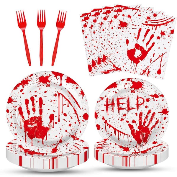 100-Piece Red Halloween Blood Handprint Splatter Disposable Paper Tableware Set with Plates, Napkins, Forks for Party