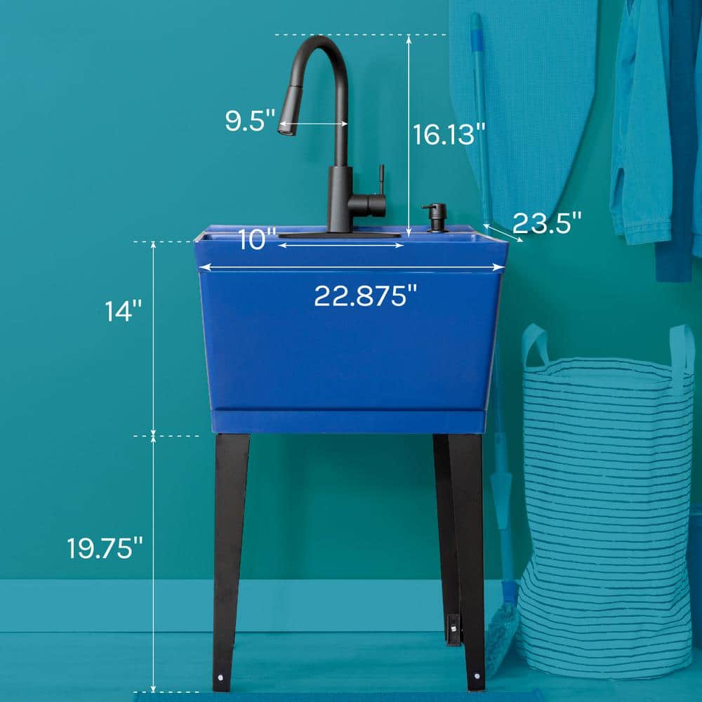 Blue Freestanding Utility Sink with Black High-Arc Faucet