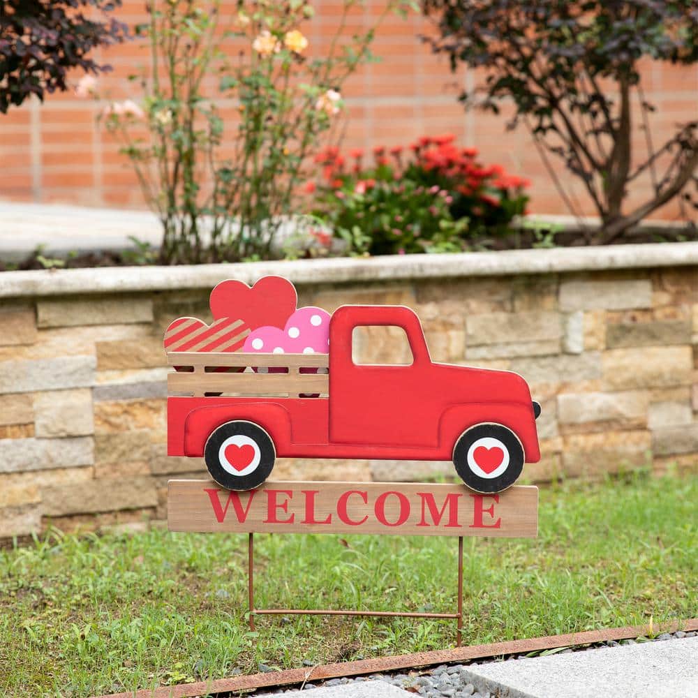 Red Metal and Wooden Valentine's Truck Yard Stake with Hearts
